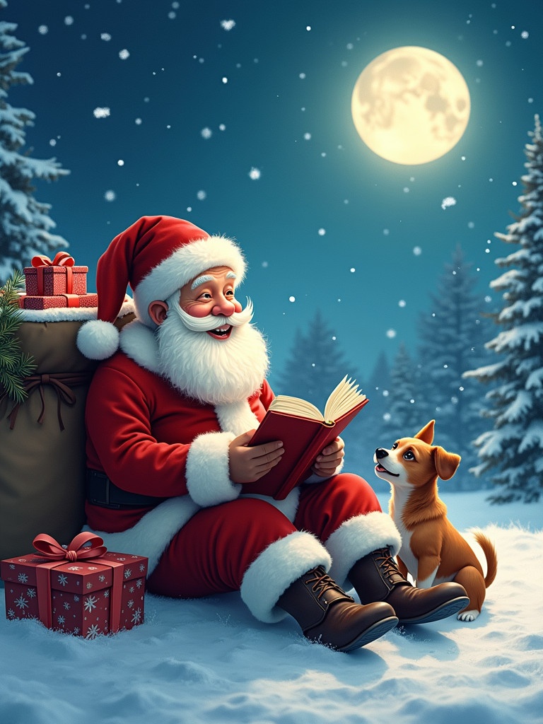 Santa Claus reads a book in the snow. A small, happy dog sits beside him. The moon shines in a clear night sky. Gifts are placed near them. Snowflakes fall gently around. The scene is warm and festive, reflecting the spirit of Christmas.