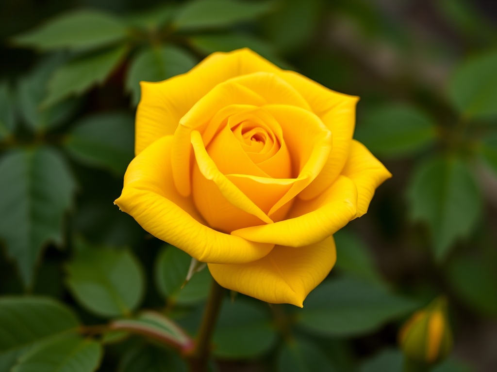 A vibrant yellow rose fully bloomed against lush green foliage.