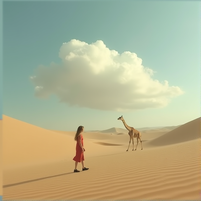 A woman in a red dress meets a giraffe in a sandy desert under a large white cloud.