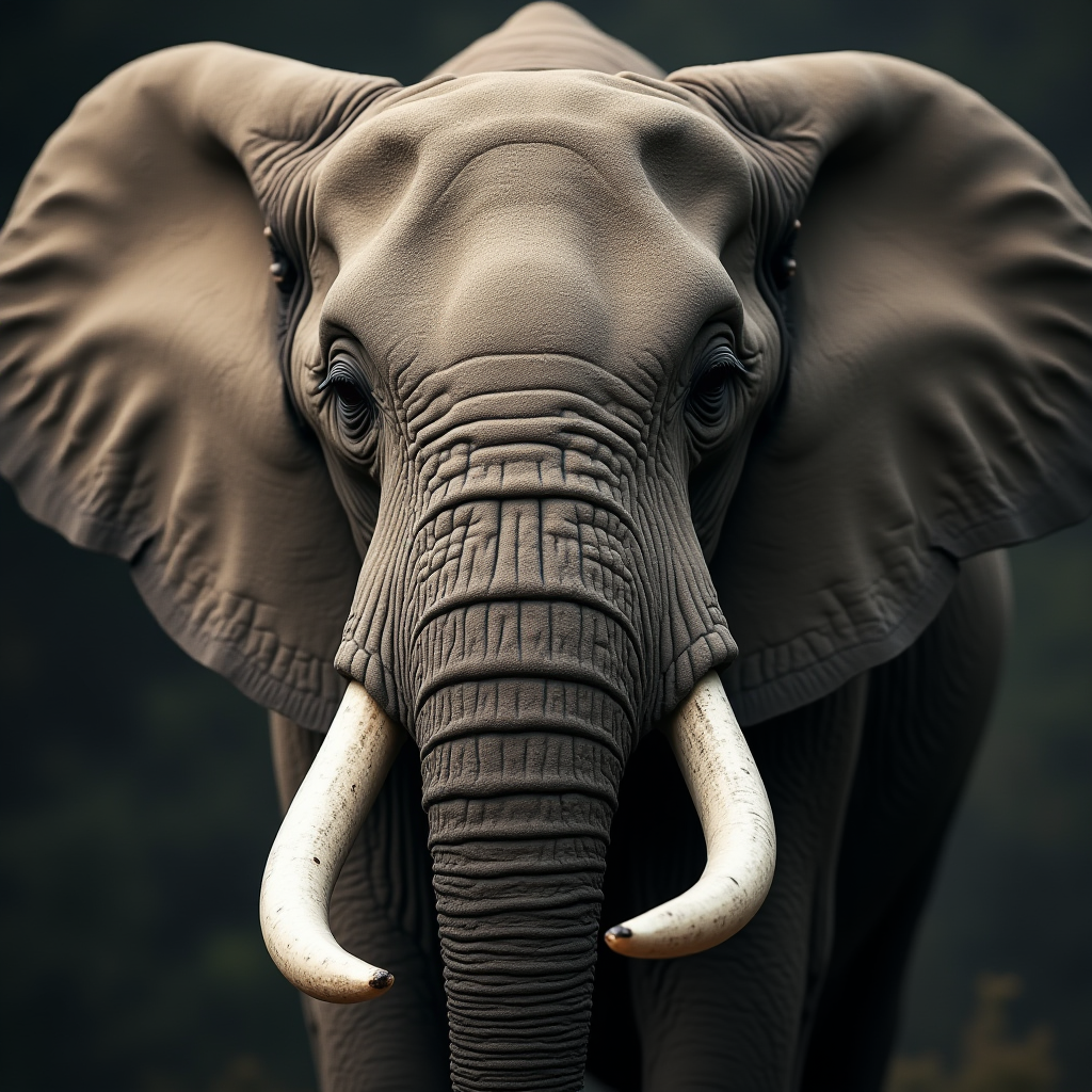 A close-up view of an elephant showcasing its textured skin and ivory tusks.