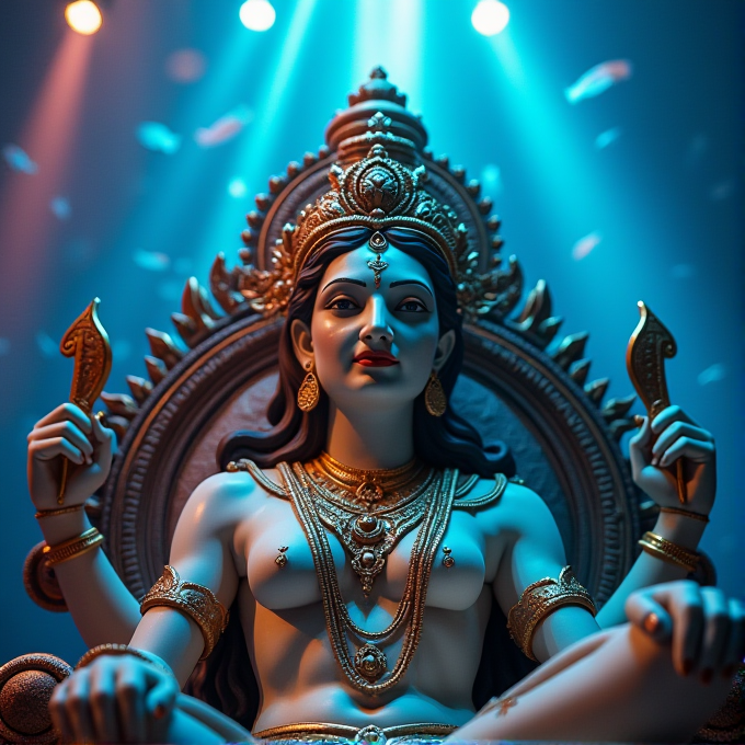 A detailed sculpture of a serene deity adorned with intricate jewelry, seated on a throne under ethereal blue and orange lighting.