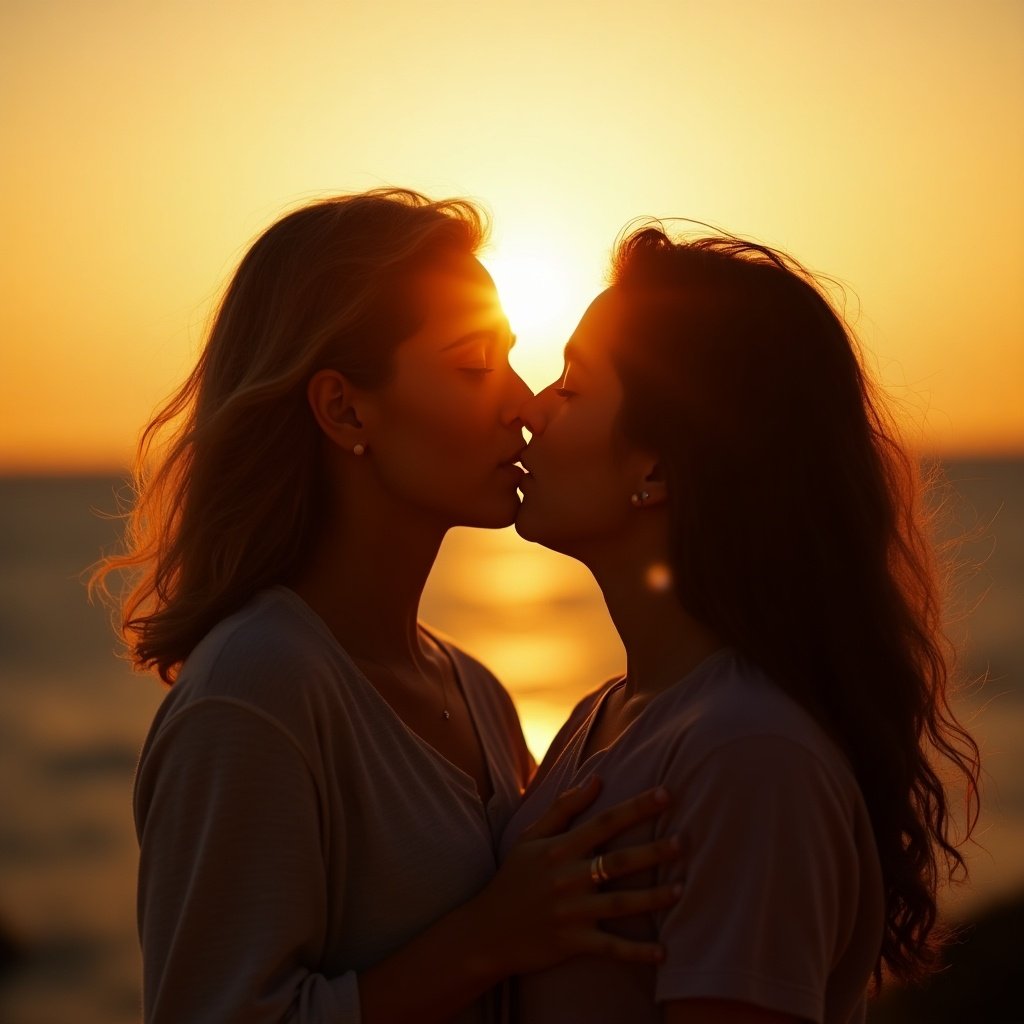 Two women share a gentle kiss. Warm light of the setting sun creates a romantic atmosphere. They wear bikinis. Beach setting enhances intimacy.