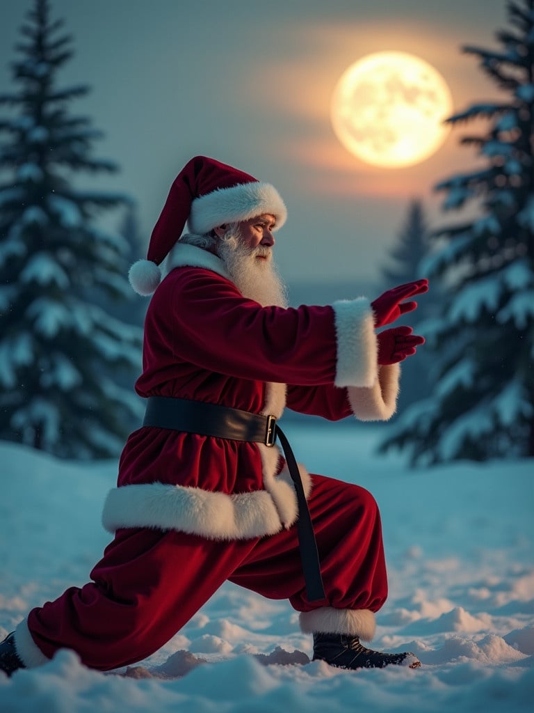 Cinematic image showcases Santa Claus performing Tai Chi Chuan. Scene illuminated by a bright moon during magic hour. Hyper-realistic style shot on Arriflex.