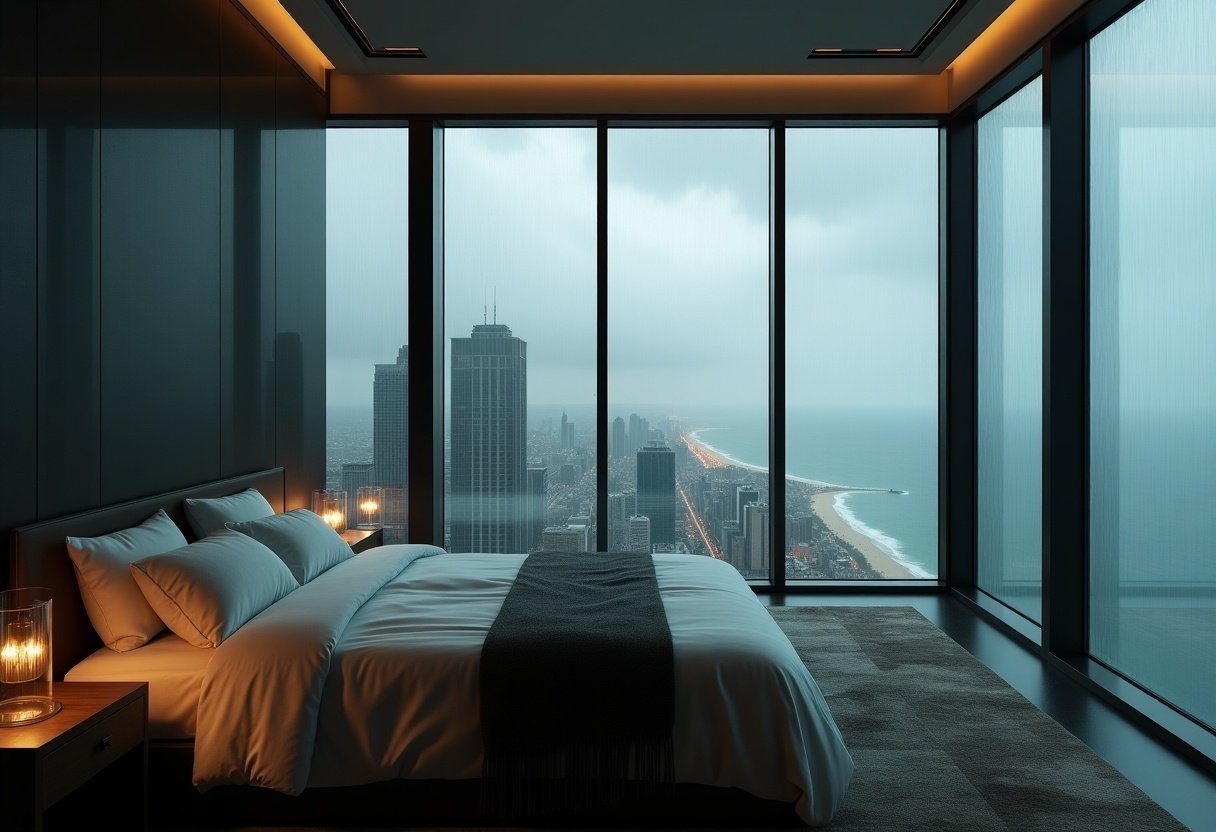 A cozy modern bedroom features glass walls and minimal furnishings. A bathroom exists in frosted glass. The room is luxurious and located in a skyscraper. It overlooks a cityscape and beach under a rain-soaked sky. The mood is melancholic and tranquil, with rain trickling down the glass. Ambient light softly illuminates the space, creating reflections and shadows.