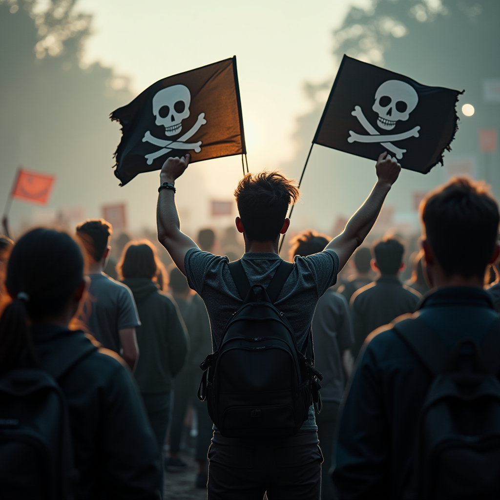 A person stands amidst a gathered crowd, raising two pirate flags under a dramatic sky.