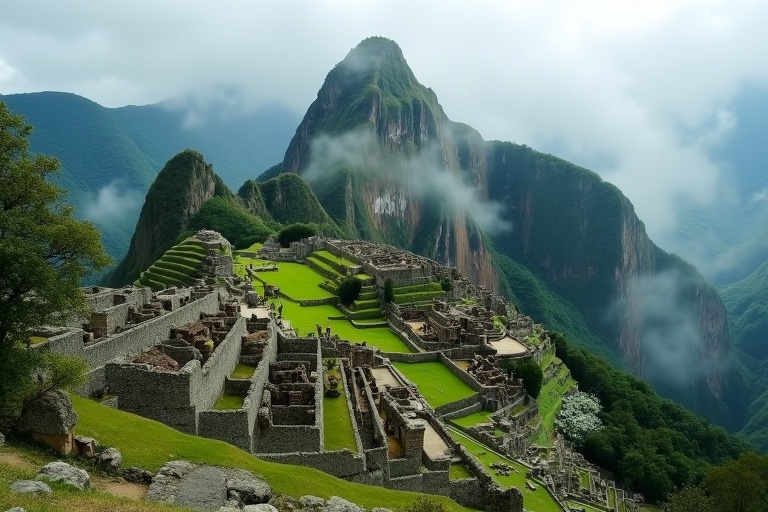 landscape shot of an ancient stone city on a misty mountain. Ruins covered in moss. Stepped terraces and engraved temples. Surrounded by lush jungle. Evokes a lost civilization like the Incas.