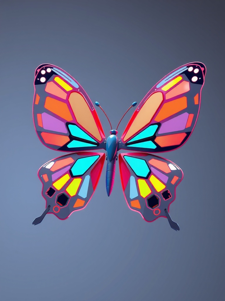 This image showcases a vividly colored stylized butterfly with geometric patterns on its wings. The butterfly's wings feature bright shades of pink, blue, orange, yellow, and purple against a subtle gray background, highlighting its intricate and colorful design. Its symmetrical form and bold color palette evoke a sense of modern artistry and playful elegance.