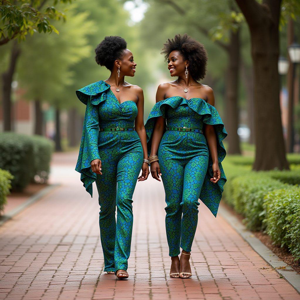 Two women in stylish blue ruffled jumpsuits walk confidently down a serene pathway flanked by lush greenery, sharing a joyful conversation.