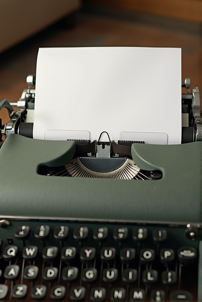 A classic green typewriter with a blank sheet of paper, highlighting its glossy black keys and intricate mechanical parts.