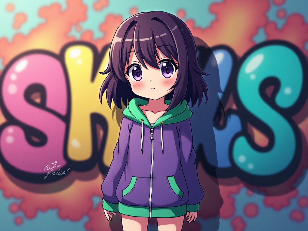 Cute Anime Character in Colorful Graffiti Setting Purple Hoodie Design Flux AI Image