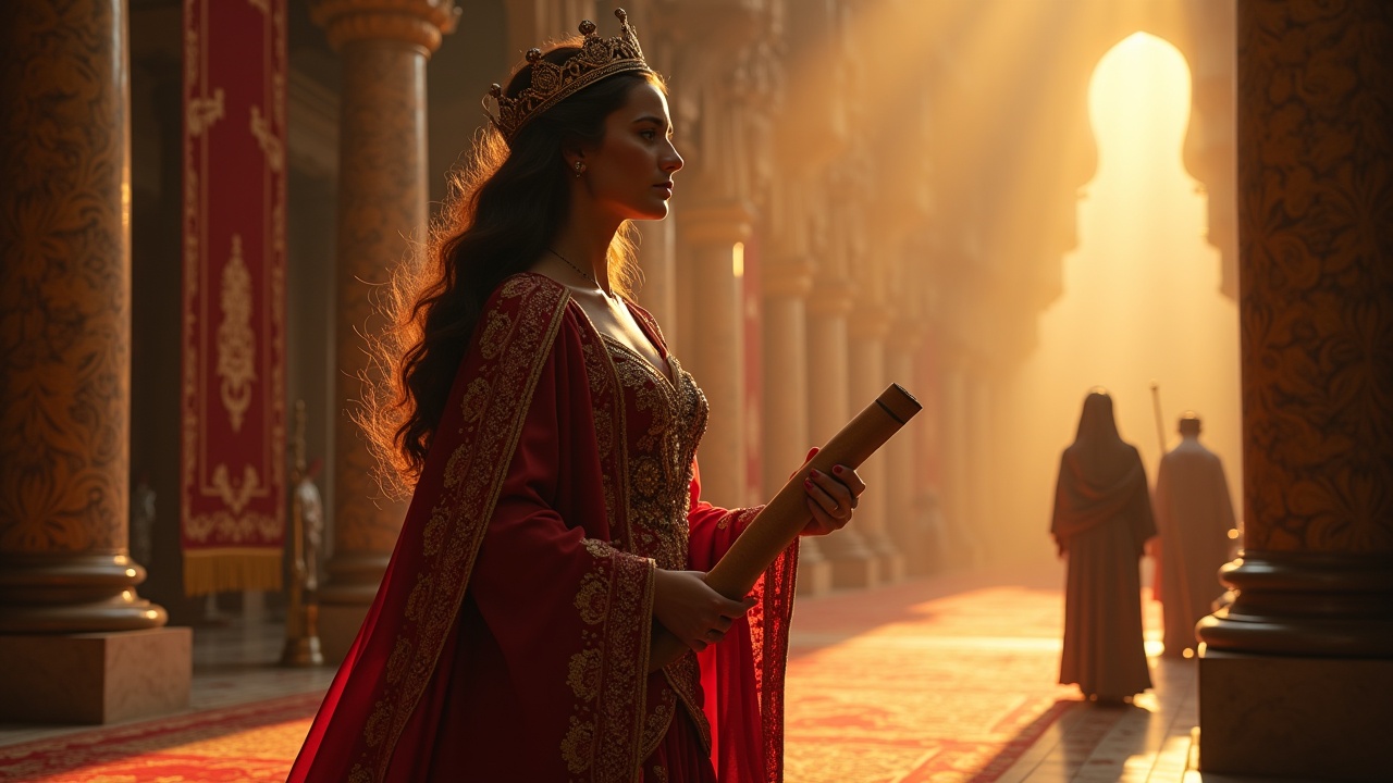 A regal woman in a medieval palace holding a scroll, bathed in warm, golden light, surrounded by ornate columns and tapestries.