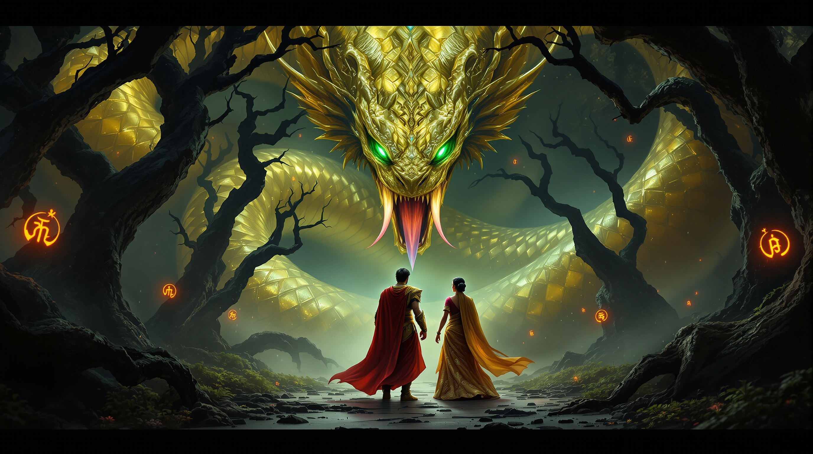 Deep within an ominous jungle, a colossal serpent blocks a regal couple's path. King Rudrasen stands bold with a sword, beside Queen Mriganjali in traditional attire. The serpent has golden scales and emerald eyes, surrounded by swaying trees and mist.