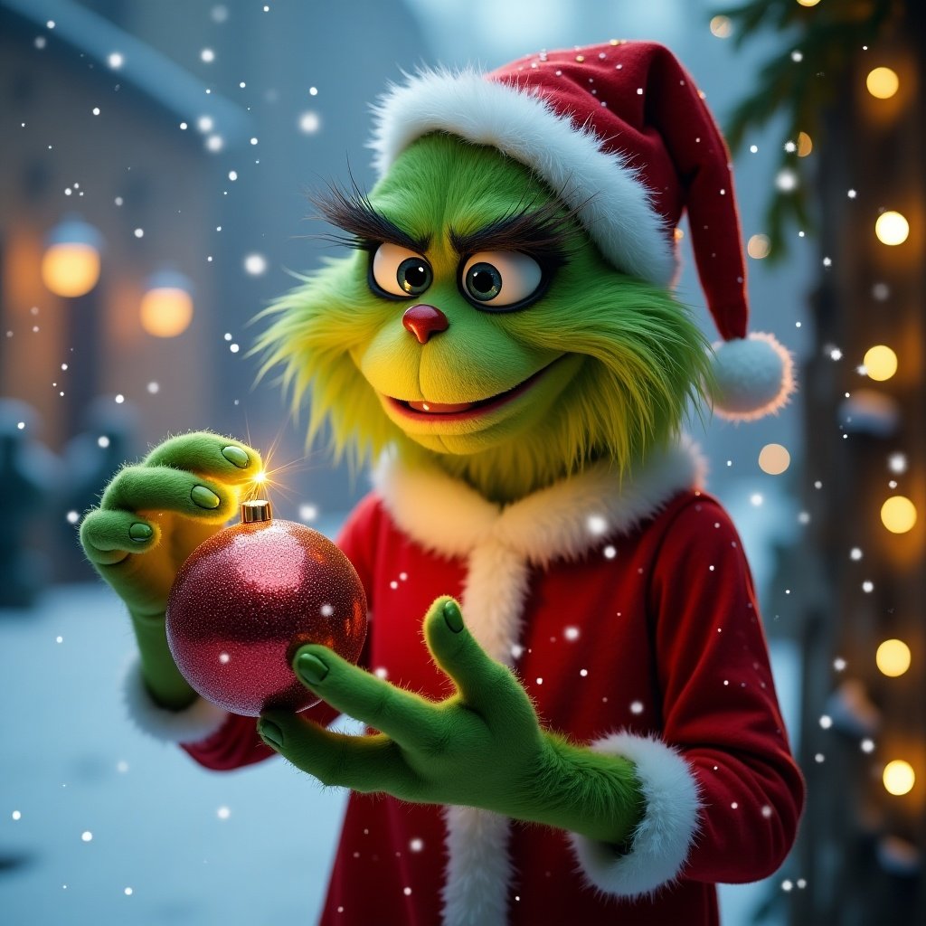 Grinch character in Christmas outfit holding a shiny bauble in a snowy background with lights.