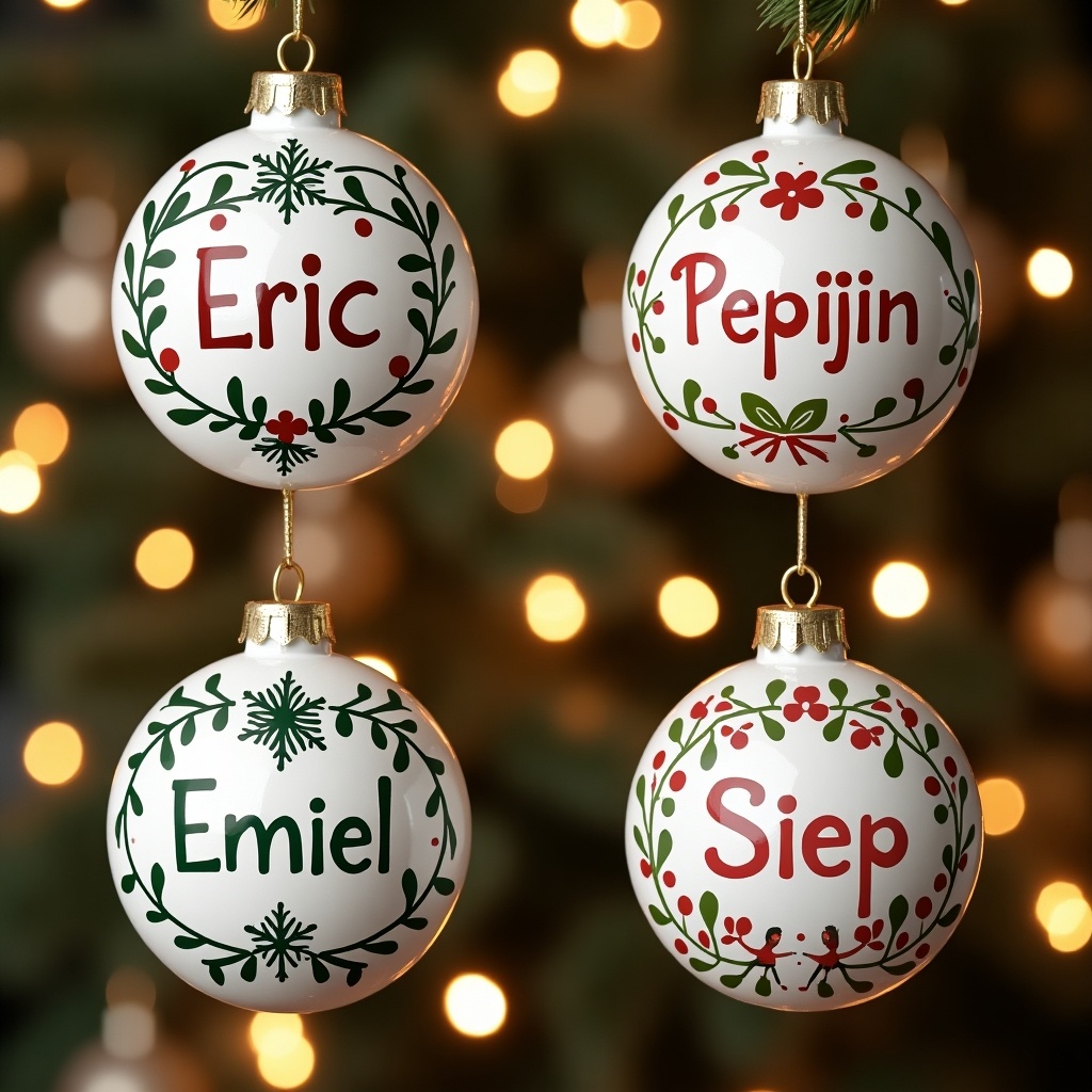 Four Christmas baubles decorated with names Eric, Pepijn, Emiel, and Siep. Bright colors and floral designs.