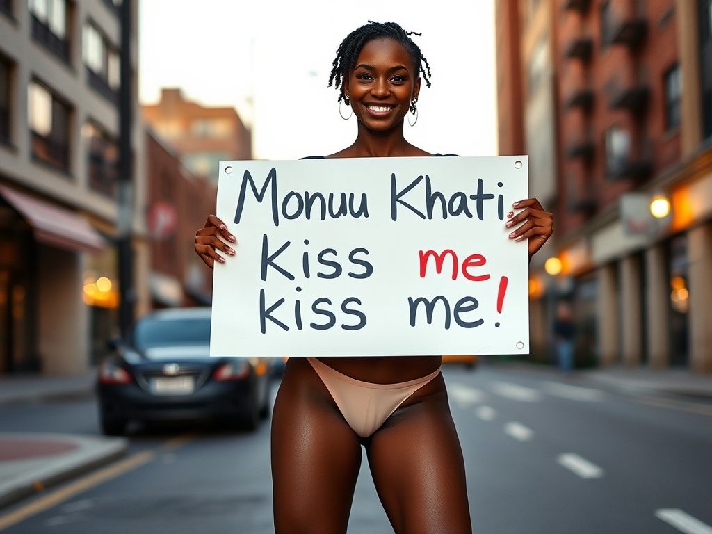 A person standing on a city street holding a sign with a playful message.