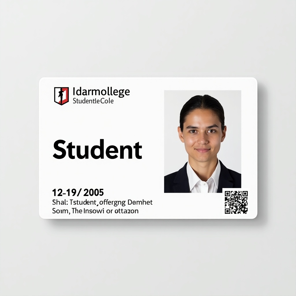 Image shows a student ID card from a German college. The card has a white background and bold 'Student' text. Birth date is 12/19/2005. It has a QR code for personal data. The layout is professional, typical for college IDs. The design conveys legitimacy and an academic tone.