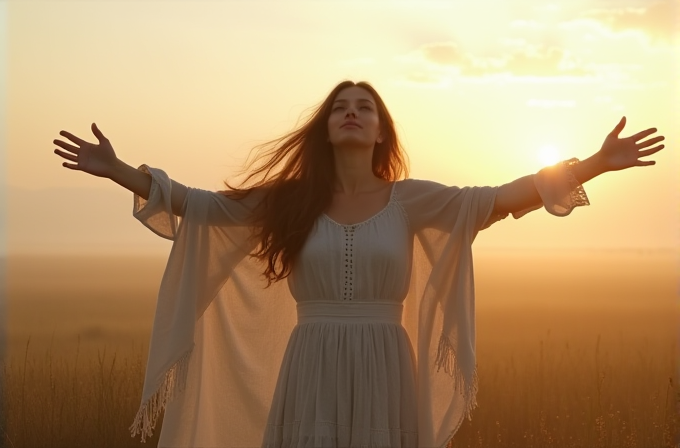 A woman stands in a field with her arms open, bathed in the warm glow of the sunset.