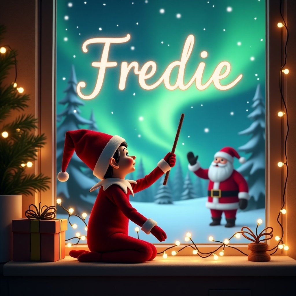 Elf on the shelf facing the sky using a wand to write 'Fredie'. Magical Christmas background with northern lights. Santa Claus is present. The scene is viewed from inside through a window.