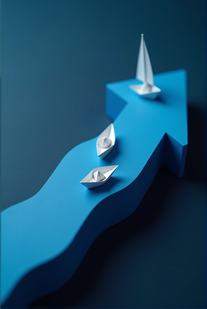 The image shows a blue arrow-shaped pathway with three white paper boats sailing on it.