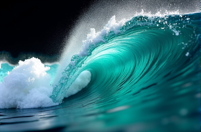 A powerful, turquoise ocean wave gracefully curls over, capturing dynamic motion and foam details against a dark background.