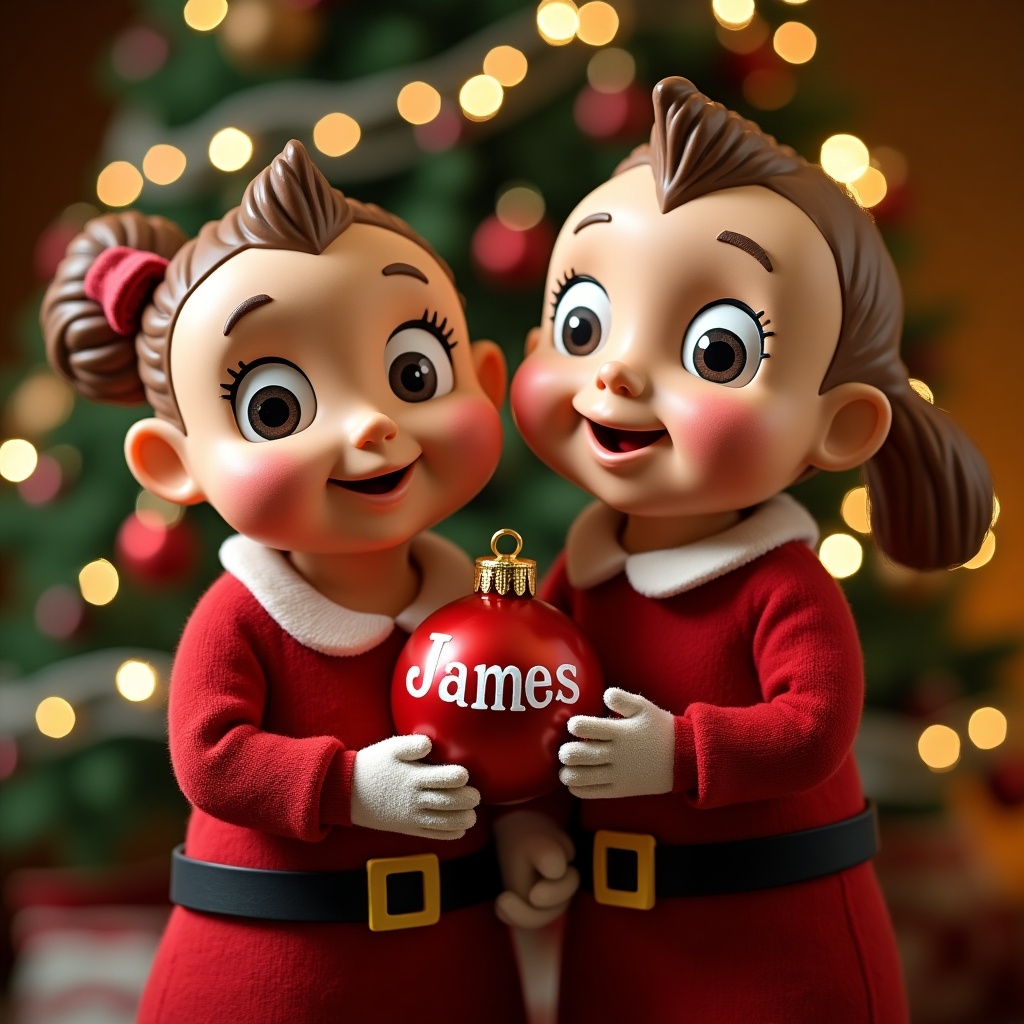 This image features two cheerful Cbeebies characters standing close together, each wearing red Christmas dresses. They are holding a shiny Christmas bauble that says 'James' on it. Behind them, there is a beautifully decorated Christmas tree twinkling with lights. The characters have large, friendly eyes and bright smiles, capturing the spirit of the festive season. The warm lighting creates a cozy atmosphere, making it perfect for holiday-themed content.