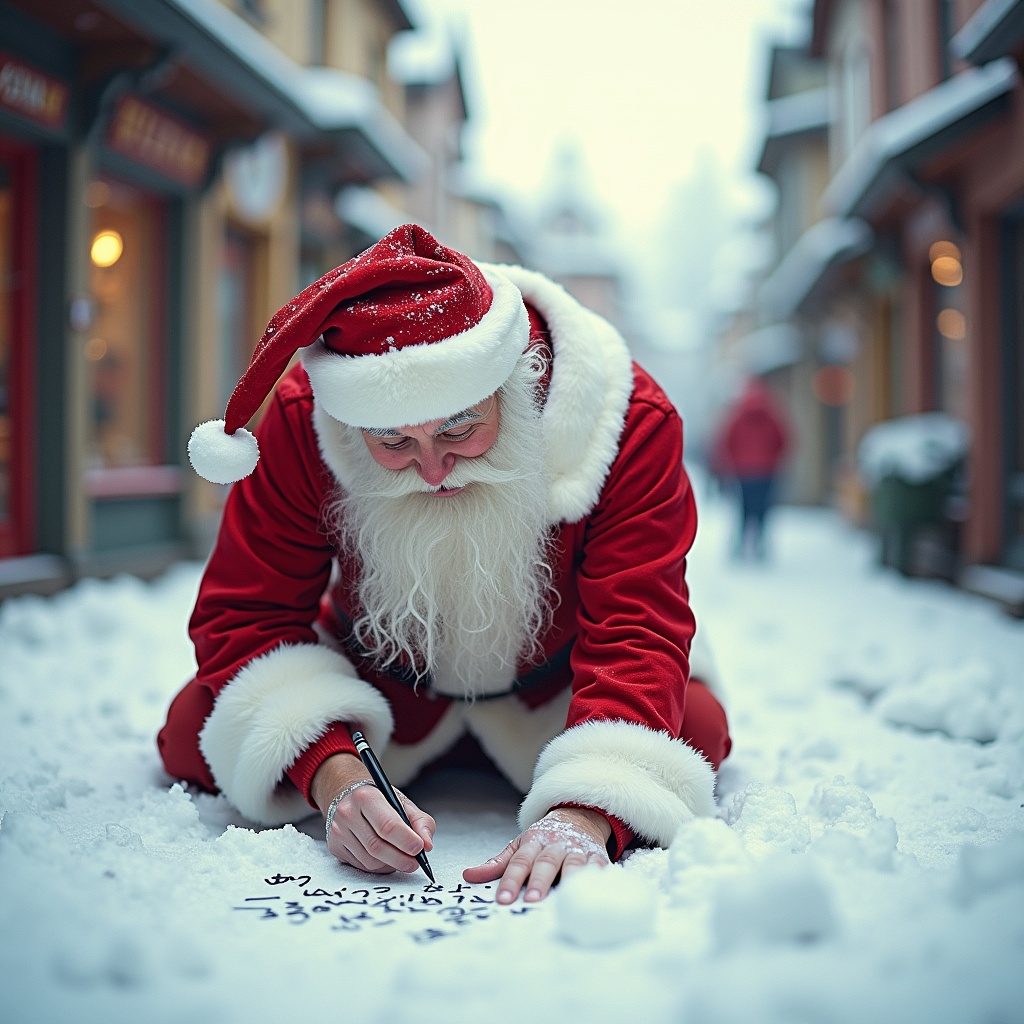 Santa Claus wearing red and white clothing writes names in the snow on a snowy street. Charming buildings line the street in winter. The scene radiates a cheerful holiday atmosphere.