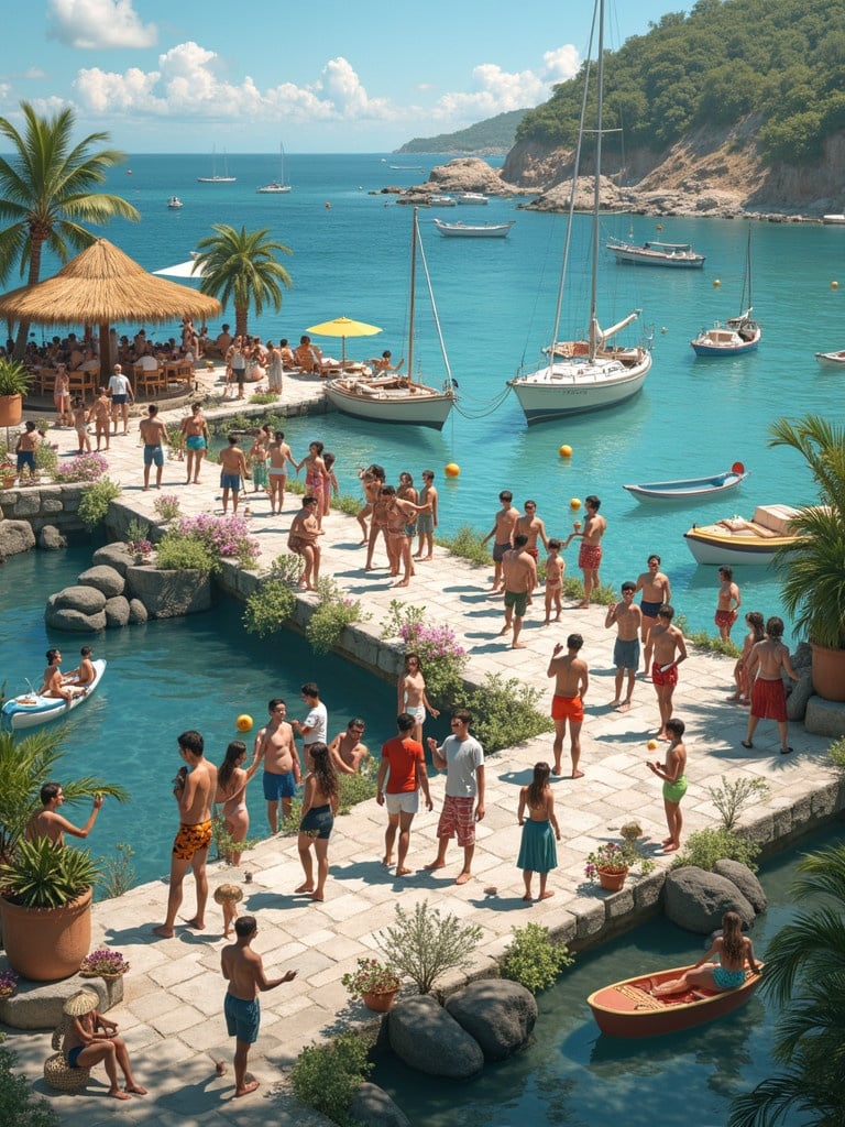 Crowd enjoying a beach party on a sunny day. People socializing by the water. Sailboats in the ocean. Lush tropical surroundings. Clear blue sky and vibrant atmosphere.