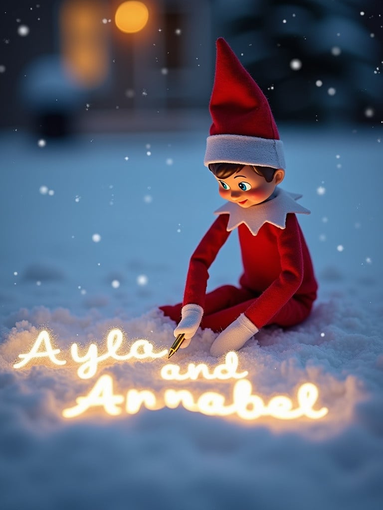 Elf on the Shelf writes names Ayla and Annabel in cursive script in the snow. Elf wears bright red outfit. Elf uses golden pen making names glow. Snowflakes fall softly around creating magical ambiance. Scene is softly lit against snowy background.