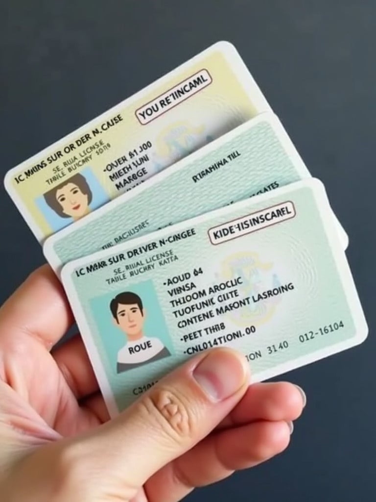 Three driver's licenses displayed in a person's hand. Each license shows identification details. Background is simple to emphasize the licenses.