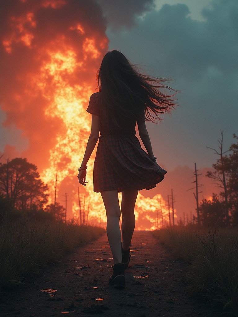 A girl in a plaid dress walks away from a large fire in an apocalyptic scene. Dark clouds fill the sky. The background shows a devastated landscape. The girl's hair is blown by the wind.