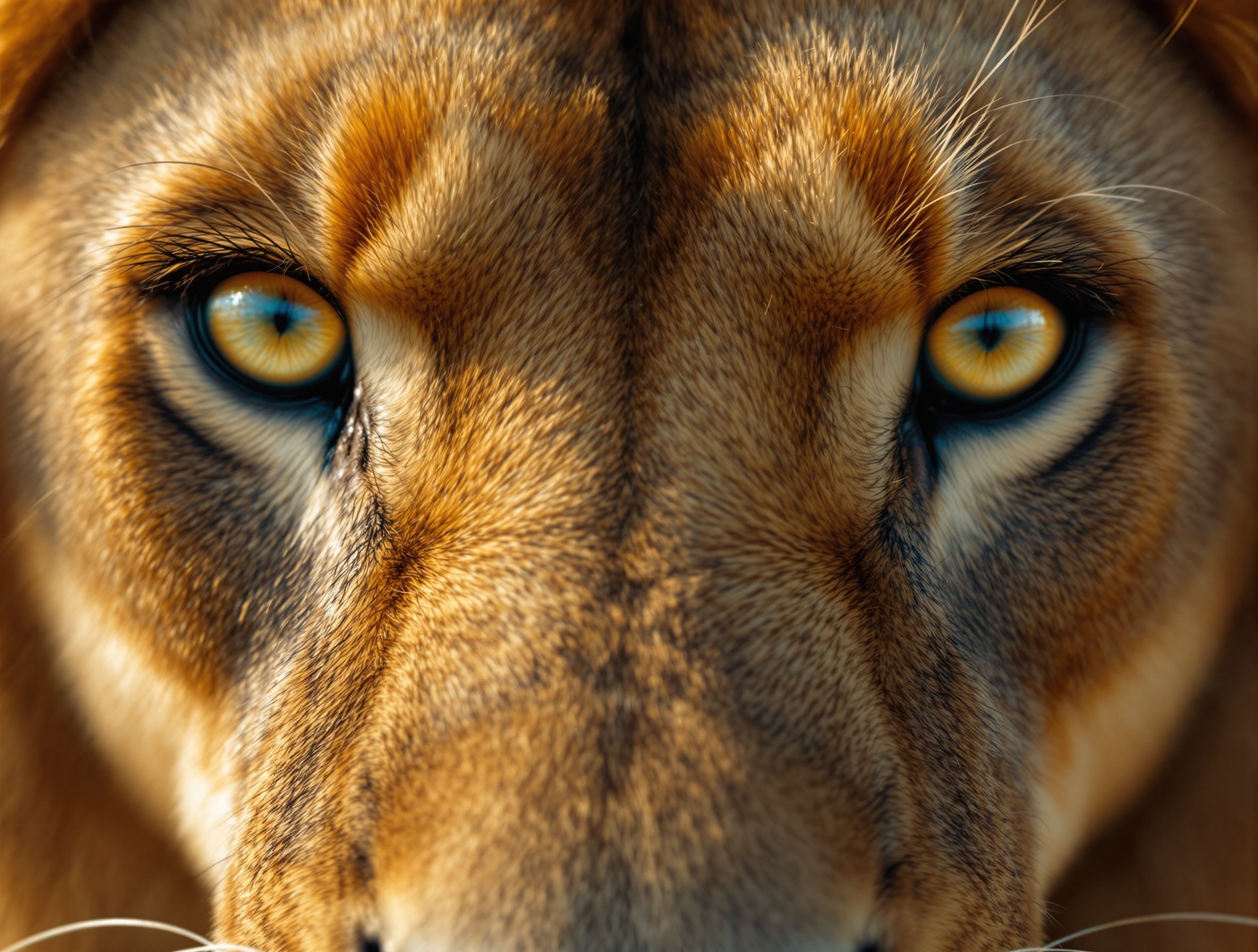 Extreme close-up of lion's eyes. Natural setting in African savanna. Highlight details of the fur and eyes. Focus on the lion's intense gaze.