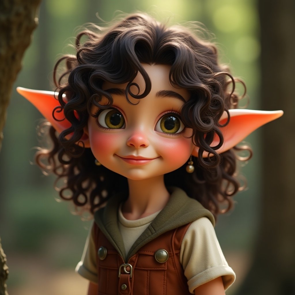 A cute elf named Jojo with shoulder length dark brown curly hair in a forest setting. Jojo has large ears and wears a simple outfit.