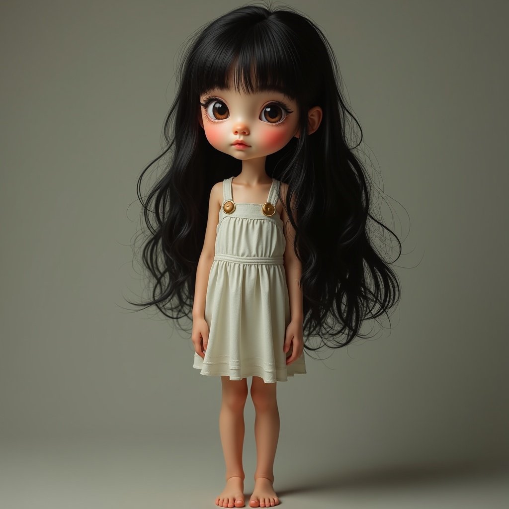 Young girl depicted with thin figure and long black hair styled with fringe. She is barefoot and wearing a light-colored dress, standing in a neutral background.