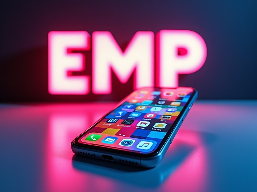 A smartphone with colorful app icons placed on a reflective surface with a neon 'EMP' sign in the background.