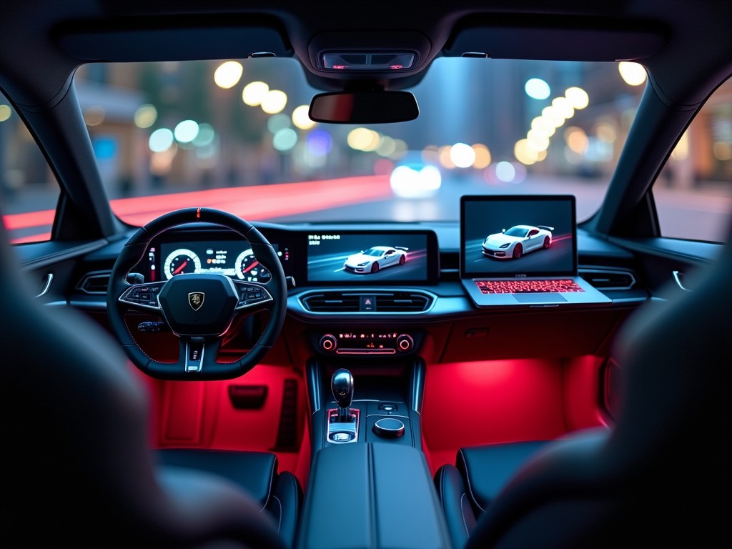 The image shows the sophisticated interior of a luxury car, complete with a high-tech dashboard. The cabin is illuminated with a striking red ambient light, creating a warm and inviting atmosphere. Digital displays are showcased on the dashboard, featuring a sleek automotive design. The perspective is from the driver's seat, emphasizing the integration of technology within the car's interior. This space seamlessly blends modern design with advanced technology, making it a perfect setting for tech enthusiasts and car lovers alike.