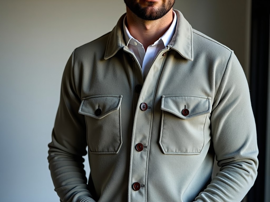 This is a close-up image of a man wearing a cardigan jacket. The cardigan is in a muted beige color, featuring buttoned pockets. He is dressed in a white shirt underneath, and the background is minimal and professional. The lighting is soft and highlights the texture of the cardigan. This image captures a stylish and sophisticated look for modern men.