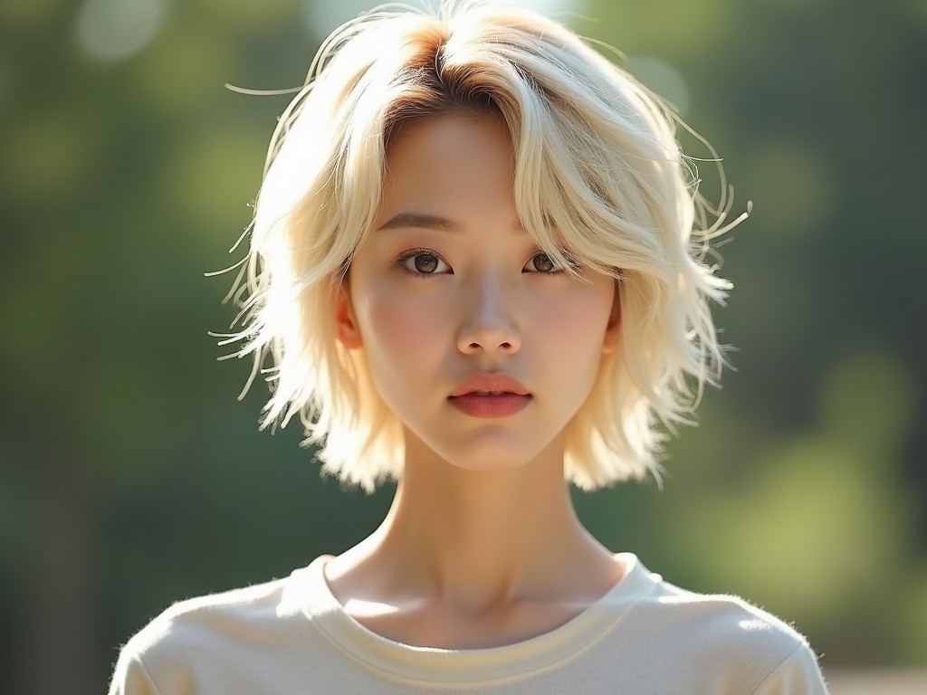 The image depicts a fresh-looking Korean model with blonde, slightly shorter, and messy hair. She has a soft expression and captivating eyes, giving off a natural and approachable vibe. The background features a gentle blur of greens, enhancing the focus on her face. The lighting is soft and warm, creating a dreamy atmosphere. This portrait captures the essence of youthful beauty in a serene setting.