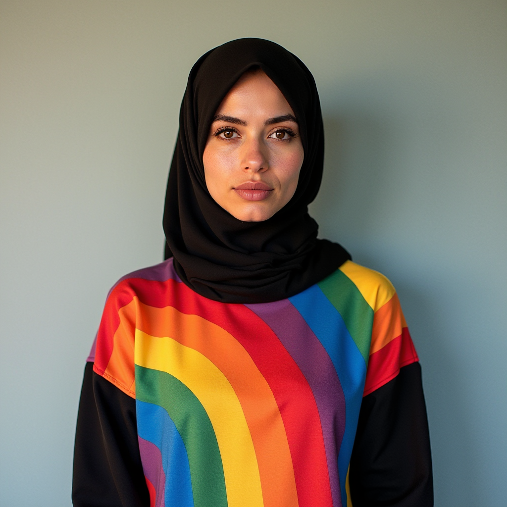 A woman wearing a black hijab and a rainbow-patterned shirt stands against a simple background.