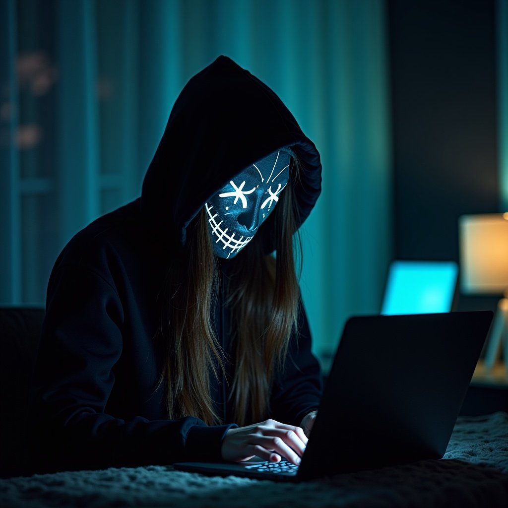 Hooded female figure with long hair uses laptop. Background glows with dark light. Depicts fantasy and technology elements. Person in a hoodie works intently on laptop in a dimly lit room with a mask.