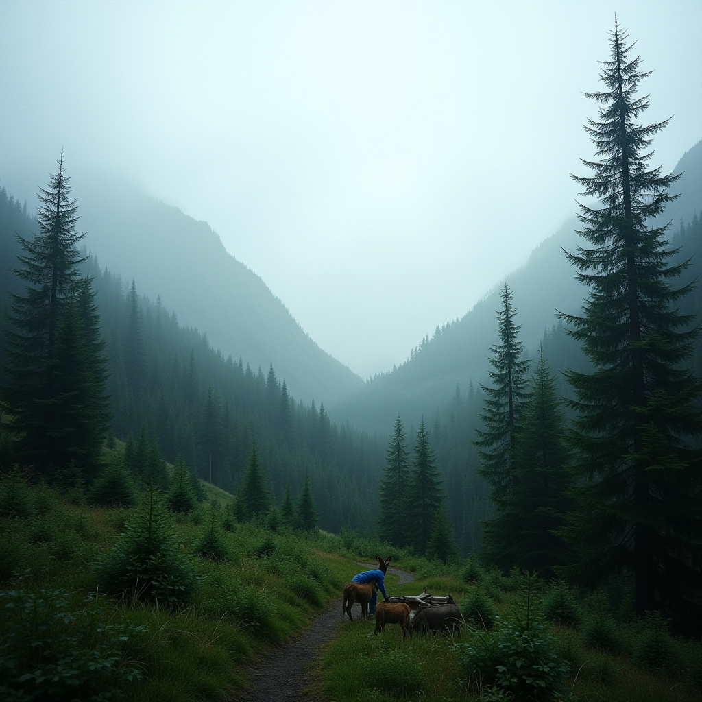 A lone traveler with horses walks through a misty, tree-lined mountain valley.