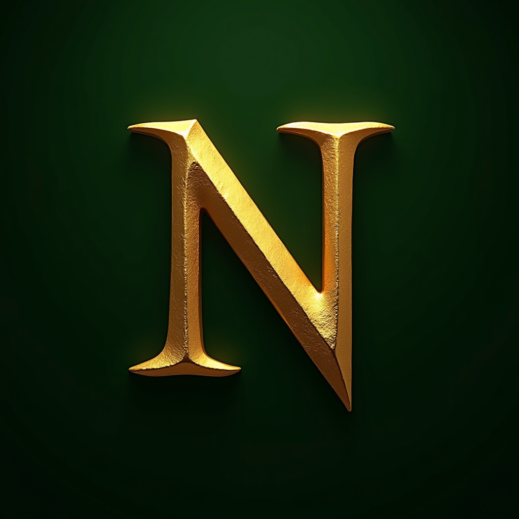 A 3D gold letter 'N' stands out against a rich dark green background.