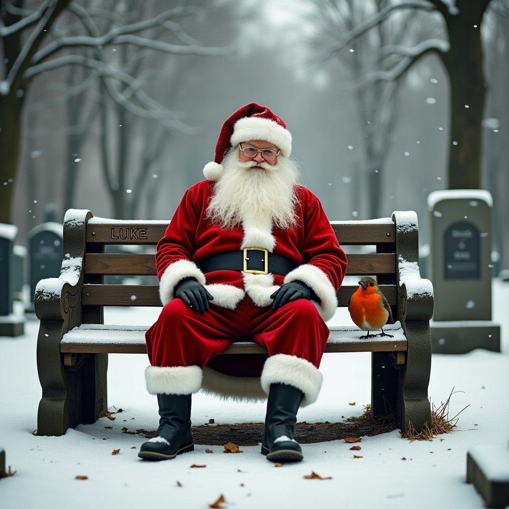 Father Christmas wearing red sits on a bench in a cemetery. A red-breasted robin rests beside him. Snow falls around them. The bench has Luke engraved on it.