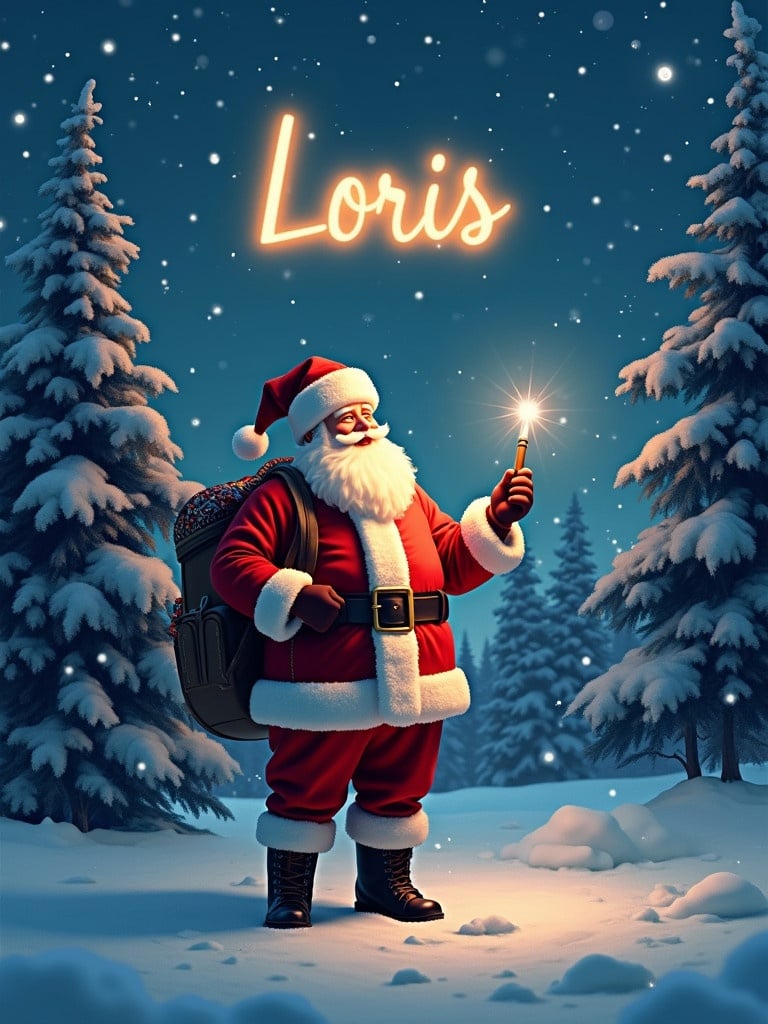 Scene depicts a winter landscape with Santa Claus. Text 'Loris' shines in glowing letters above. Night sky filled with gentle snowflakes. Santa holds a glowing pen. Surrounded by snow-covered trees. Captures the joy and warmth of Christmas.