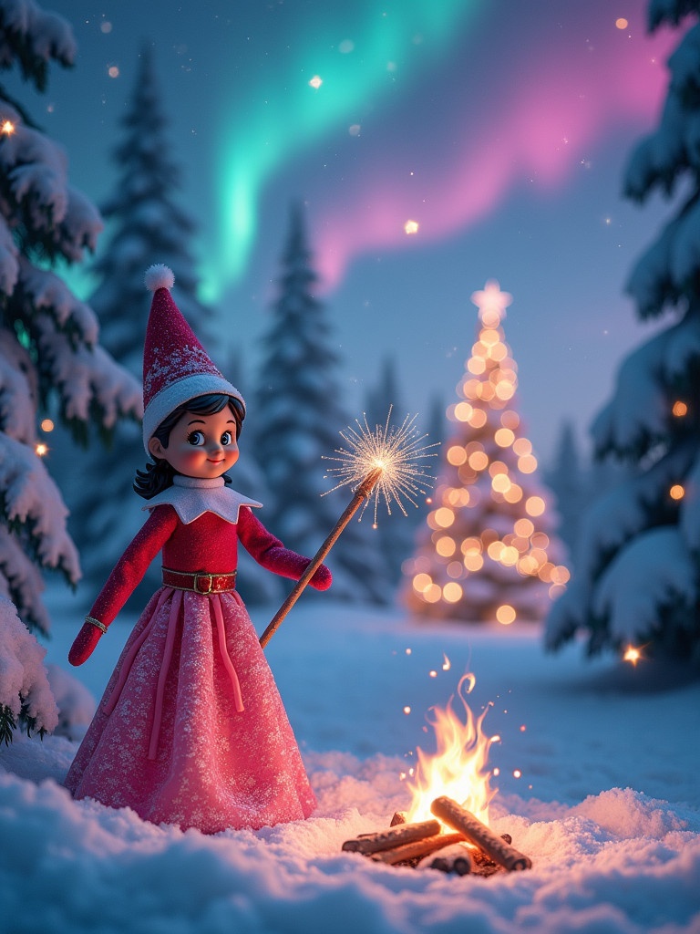 A traditional pink girl elf on the shelf is in a snowy forest with a magic wand glowing warmly. The elf is surrounded by sparkling snowflakes. In the background, the northern lights shimmer in pink, purple, and turquoise. Nearby, a campfire burns, and a Christmas tree is lit up with twinkling lights.