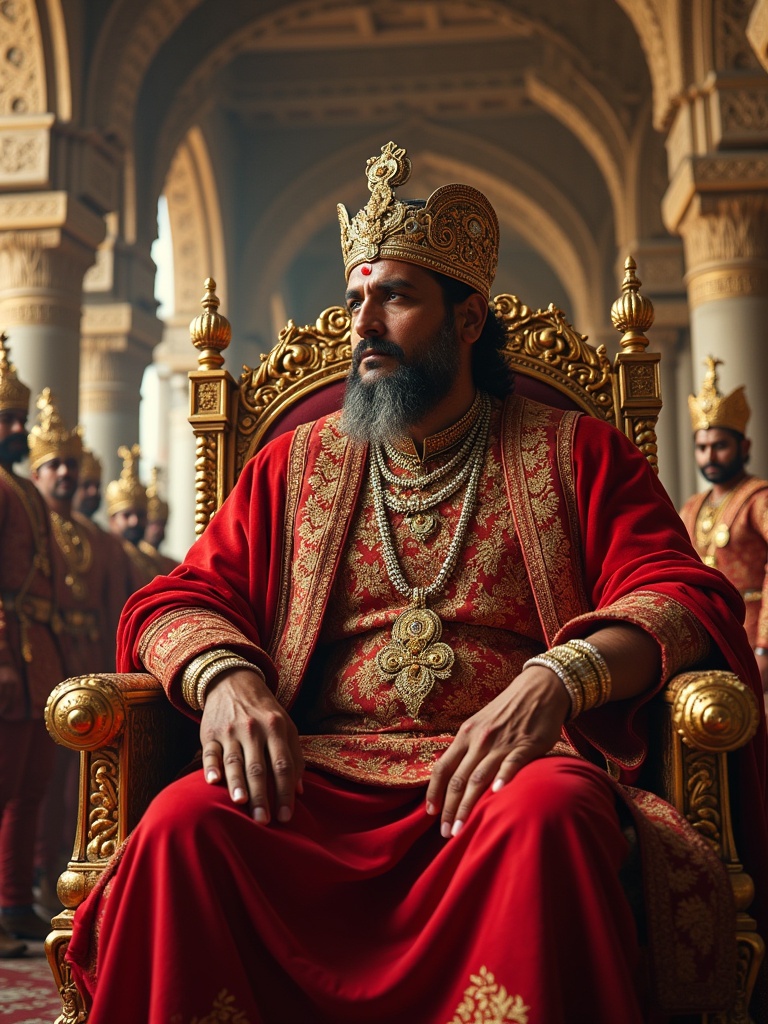 Majestic royal court scene representing the grandeur of ancient India. King Veerendra is regal in a red and gold sherwani seated on an ornate golden throne. He wears a jeweled crown and exudes a serious demeanor. Surrounding figures include ministers and soldiers. The architectural details of the hall showcase intricate stone carvings and elegant golden chandeliers.