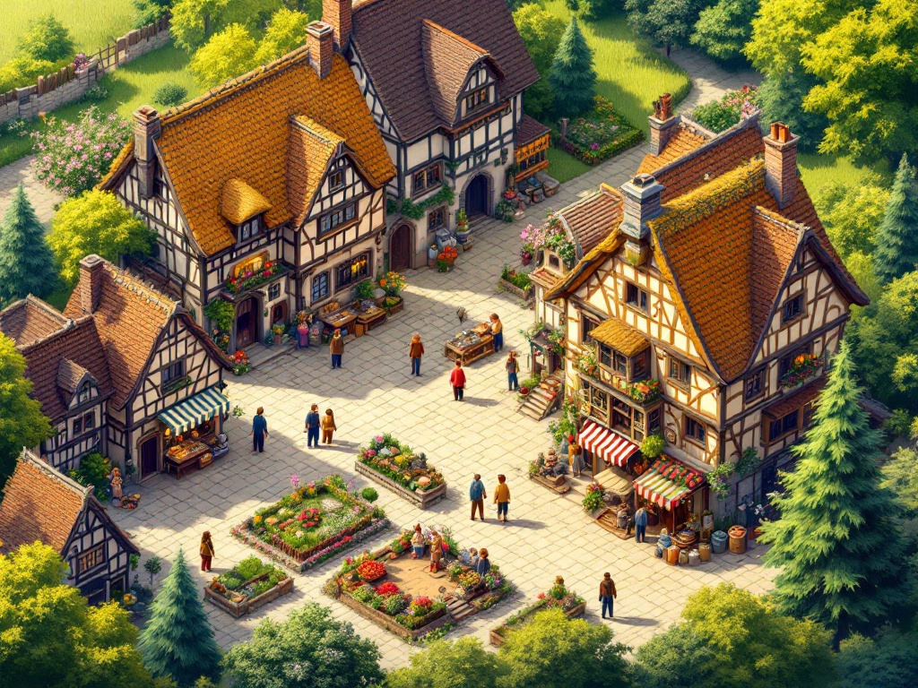 An isometric view of a picturesque medieval town at spring. Two-story half-timbered houses with thatched roofs are seen. Ground floors are bustling with artisan shops. Workshops for blacksmiths and carpenters are present. Farms and lush fields surround the town. The scene is vibrant with flowers and bordered by meadows and forests.