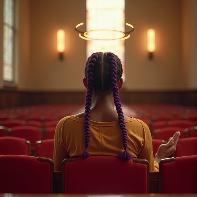 A person with purple braids meditates in a chapel, with an illuminated halo-like light above their head.