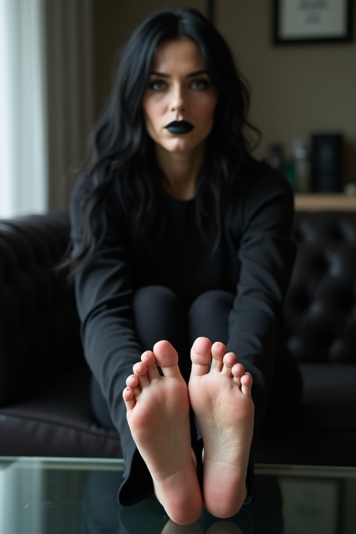 Mature goth woman with long black hair. She has black lips. She shows wounded soles of bare feet. Woman sits on a couch. Feet are placed on the glass table.