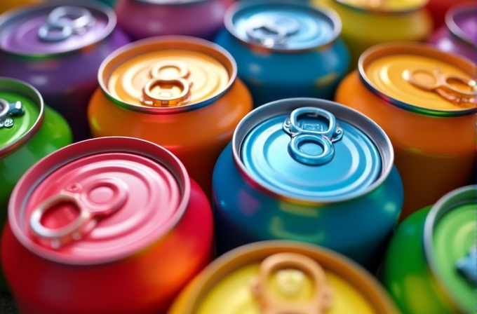 An assortment of colorful soda cans arranged closely together.