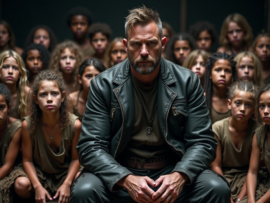 In a dramatic scene, a lone man sits in front of a crowd of young children. The man appears serious and worn, dressed in a dark leather outfit, suggesting a post-apocalyptic setting. The children surrounding him have messy hair and are dressed in ragged clothing, resembling a wild, primitive community. Their expressions are curious and attentive as they gaze at the man. The background is dimly lit, adding to the tense atmosphere of the scene. This moment captures a sense of leadership and the weight of responsibility, emphasizing the contrast between the man and the chaotic environment around him.